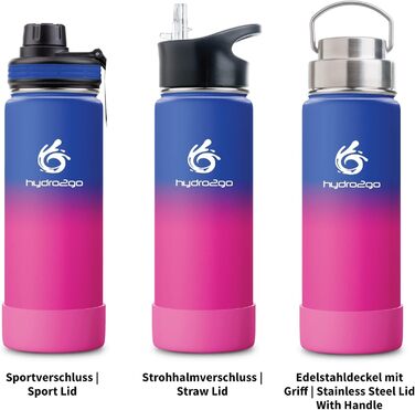 Дитяча термос-пляшка з нержавіючої сталі, 530 мл, BPA-free, для школи, спорту та подорожей, 3 кришки, зберігає тепло до 12 годин, холод до 24 годин (Passion)