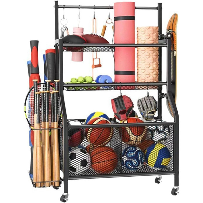 Стенд для зберігання тренувального обладнання: килимки для йоги, гантелі, штанги. З колесами та гаками. Чорний.