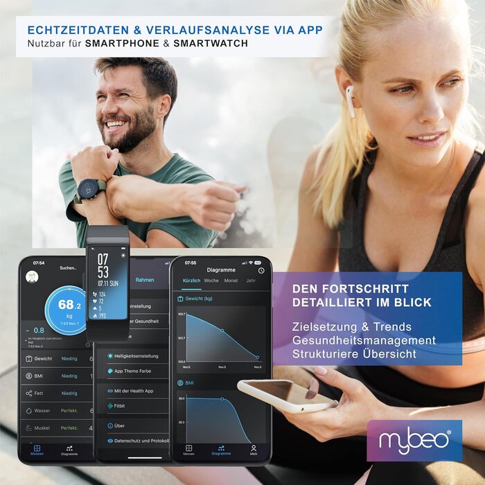 Цифрова вага Bluetooth з додатком - вага для вимірювання жиру, персональна вага, багатофункціональна вага. Аналіз тіла, BMI, жир, м'язи, кістки. Чорний колір