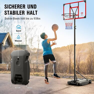 Баскетбольний кошик Outdoor з підставкою, регульована висота 147-260 см, ударостійка задня стінка 82x53 см, збільшений діаметр та колеса, для гри в приміщенні та на вулиці, червоний
