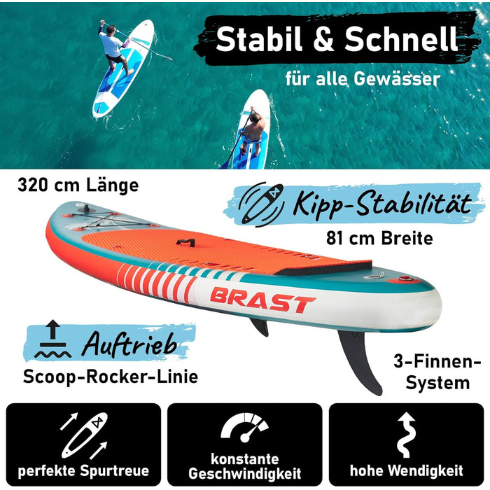 SUP Board BRAST з LED-підсвіткою | Надувний комплект для станд-ап паддлінгу | 320x81x15 см | 4 дизайни | LED-підсвічування (10 кольорів) | 5 років гарантії | 2-в-1: весло + сидіння для каяка | Тримач для Action-Cam, петля для ніг | Гавайський стиль