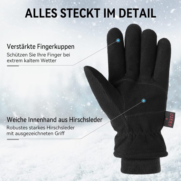 Зимові рукавички OZERO для чоловіків та жінок -30°C, з оленячої шкіри, водонепроникні, вітронепроникні, для водіння, походів, велосипеда, чорні