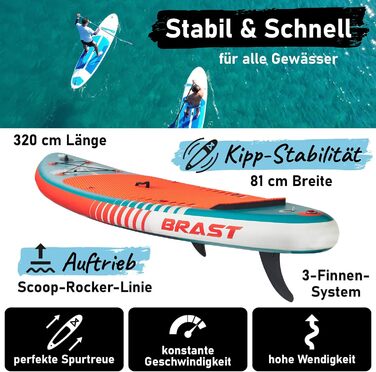 SUP Board BRAST з LED-підсвіткою | Надувний комплект для станд-ап паддлінгу | 320x81x15 см | 4 дизайни | LED-підсвічування (10 кольорів) | 5 років гарантії | 2-в-1: весло + сидіння для каяка | Тримач для Action-Cam, петля для ніг | Гавайський стиль