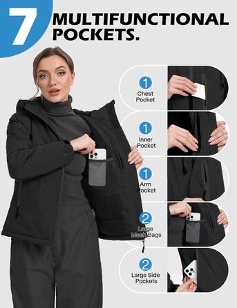 Жіноча лижна куртка GEMYSE з інтегрованими плечовими ременями. Тепла водонепроникна вітронепроникна куртка-сніжинка для активного відпочинку (M, Чорний)