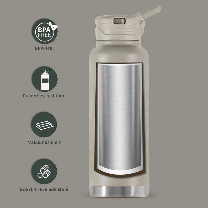Вакуумна пляшка для води IDEUS 1140 мл, нержавіюча сталь, подвійна стінка, спортивна металева фляга з герметичною кришкою, жовта