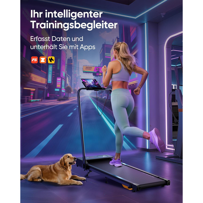 Біговий тренажер 6-в-1 для дому, складаний, з регулюванням нахилу 10% та ручками. Макс. вага 135 кг, LED-дисплей, пульт ДУ та додаток. Без встановлення (Чорний/Помаранчевий)