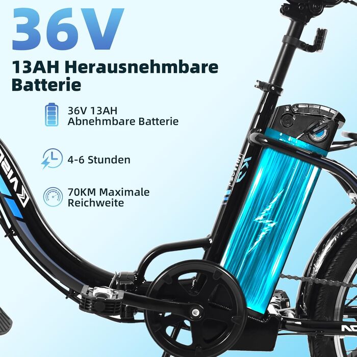 Електровелосипед KAISDA складаний 20 дюймів, 250W, 36V 13Ah знімна Li-ion батарея, до 100 км, 7-ступеневий, міський електробайк для дорослих