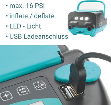 GLORY BOARDS® Storm - електричний насос для SUP з акумулятором, 20 PSI, 4 дошки, LED-ліхтар, USB-зарядка, 6 адаптерів