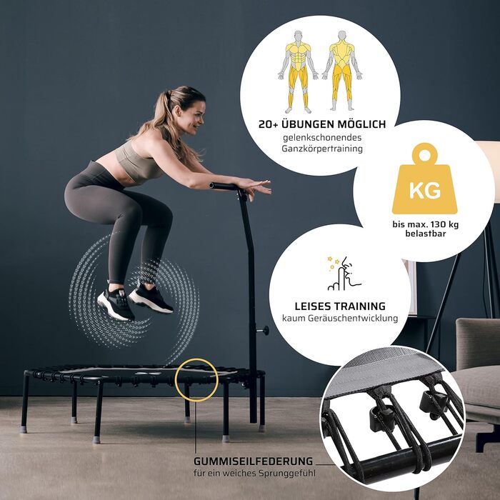 Фітнес-батут SportPlus для дому, 126 см, тиха гумова підвіска, 5-рівнева ручка, до 130 кг, індор-тренування