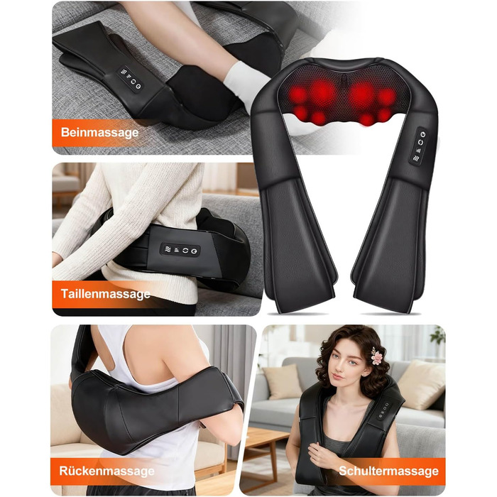 Масажер для шиї з підігрівом 2026, 4D Shiatsu масажер для шиї та плечей, знімає біль у шиї, спині, попереку тощо, з мережевим та автомобільним адаптером, подарунок для батьків та партнерів, чорний