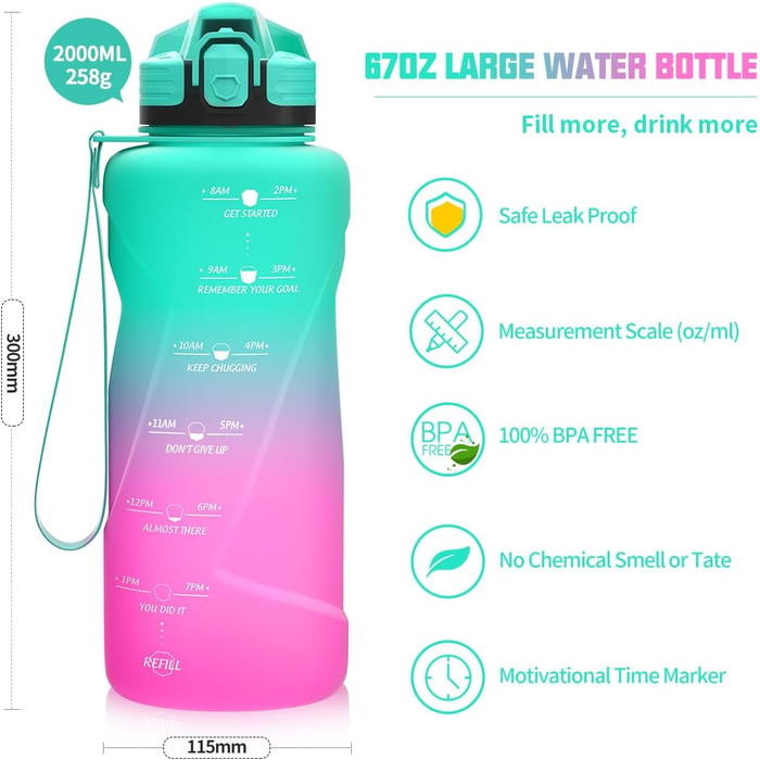 Дитяча спортивна пляшка для води Niggeey 2 л, мотиваційна, з часом, BPA-free, тритан, герметична, для школи, спорту, фітнесу, зелено-фіолетова