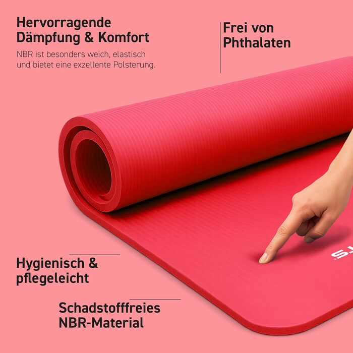 Фітнес-килимок MSPORTS Premium для йоги та гімнастики, 190 x 60 x 1,5 см, рубіновий червоний — гіпоалергенний, без фталатів, з ременем для перенесення та додатковими аксесуарами