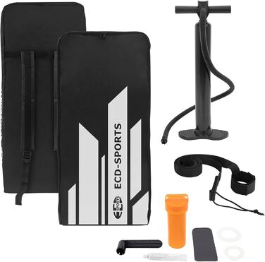 Надувна SUP-дошка ECD Germany 320x82x15 см з каяк-сидінням, комплект аксесуарів, чорна/блакитна/бірюзова/сіро-оранжева, ПВХ, алюмінієве весло, для серфінгу та веслування