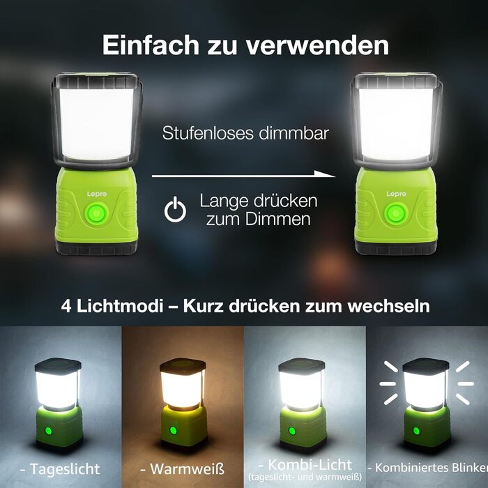 LED кемпінговий ліхтар Lepro, USB, 4 режими, 1300 люмен, з гачком та кільцем