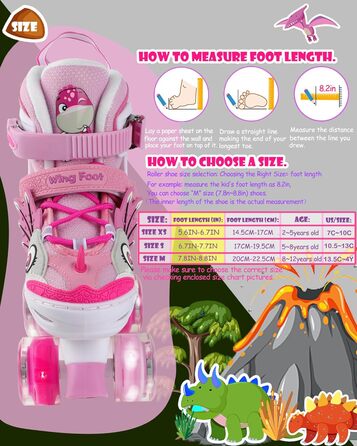 Ролики дитячі Kinder Dinosaurier з підсвічуванням, розмір регулюється, рожеві