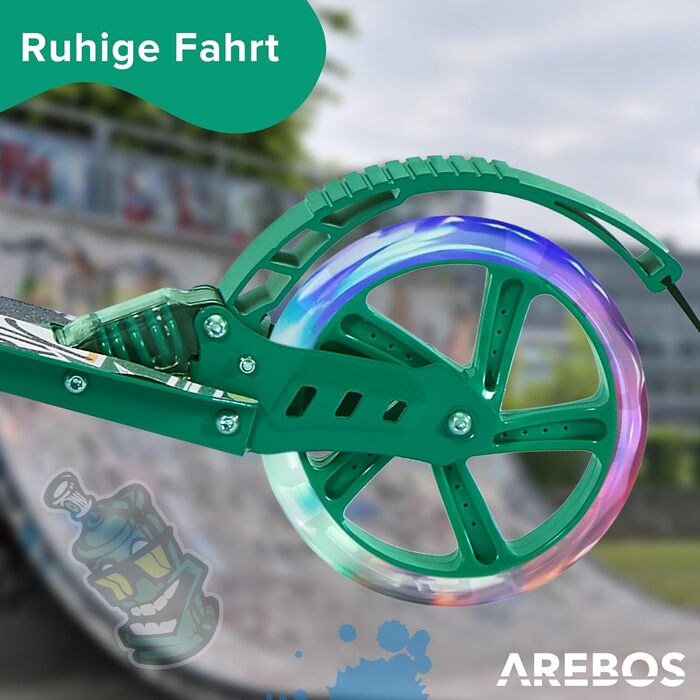 Самокат Arebos з LED-підсвіткою, складаний, регульований, для дітей і дорослих, до 100 кг, ручна і ножна гальмівна система, з ременем для перенесення