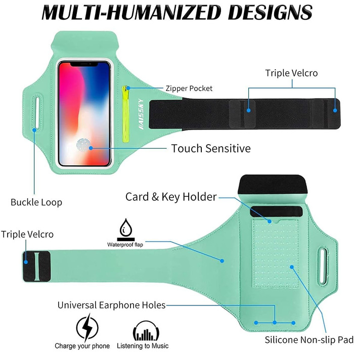 Спортивний браслет для бігу з відділенням для телефону та ключей (сумісний з iPhone 17/16/15/14/13/12/11 Pro Max/Plus), м'ятно-зелений