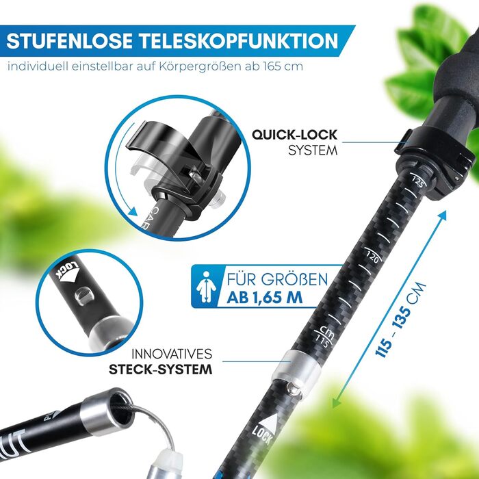 NORDMUT® Розкладні трекінгові палиці: карбон або легкий матеріал, регулювання від 1,50м до 1,65м, ергономічні ручки, компактні (115-135см)