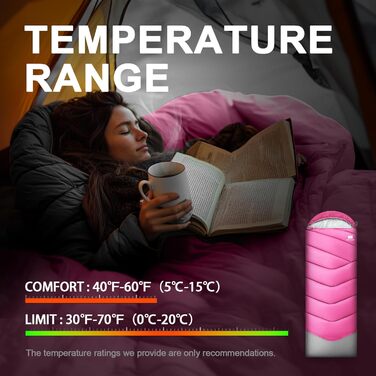 Спальний мішок для дорослих у холодну погоду, водонепроникний, легкий, рожевий (1,8 кг)