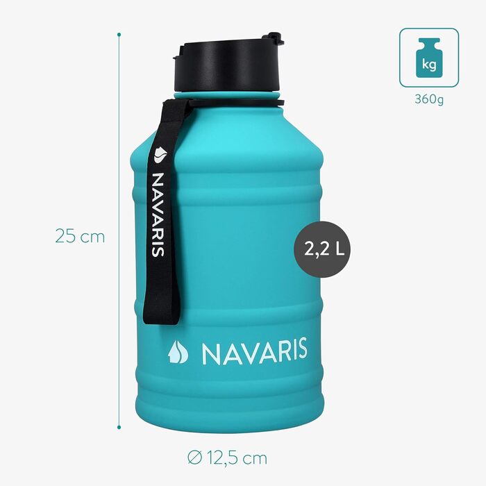 Navaris Фітнес-пляшка 2,2 л із нержавіючої сталі, спортивна пляшка для води, XXL бутель для тренувань, BPA Free, бірюзова