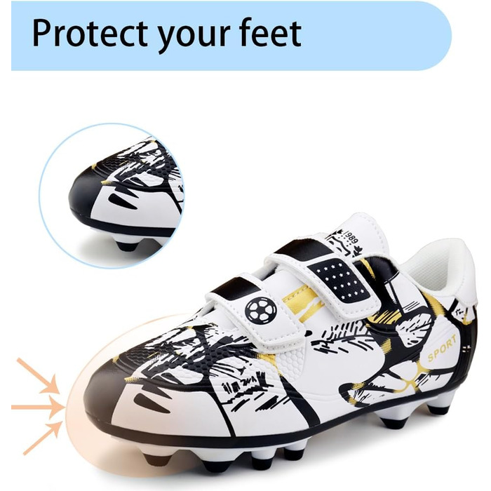 Дитячі футбольні бутси для хлопчиків та дівчаток, Outdoor, Тренувальні, Kunstrasen, Штучні шипи, Unisex, 28-37EU, 34EU, Білий, Золотий
