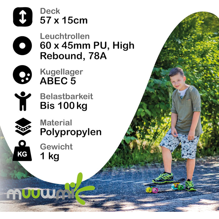 Скейтборд Muuwmi Fun - Дошка 57x15 см, Підшипники ABEC 5, PU Колеса 60x45 мм, Чорний