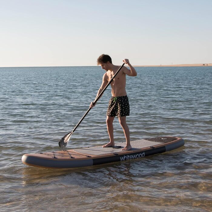 Надувна SUP-дошка Whitewood 305-335 см, преміум-дизайн під дерево, вантажопідйомність 180 кг, для 2-3 осіб, з аксесуарами: рюкзак, весло, насос, страховочний ремінь, водонепроникна сумка