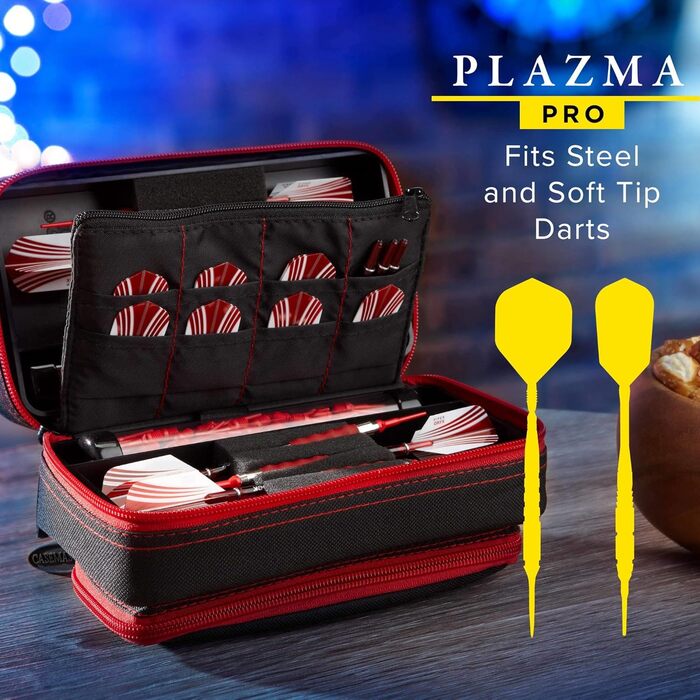Casemaster Plazma Pro чохол для 6 дротиків (м'які та сталеві наконечники), з великою передньою кишенею для телефону, вбудованими тубусами та кишенями для оперень і наконечників, рубіново-червона окантовка