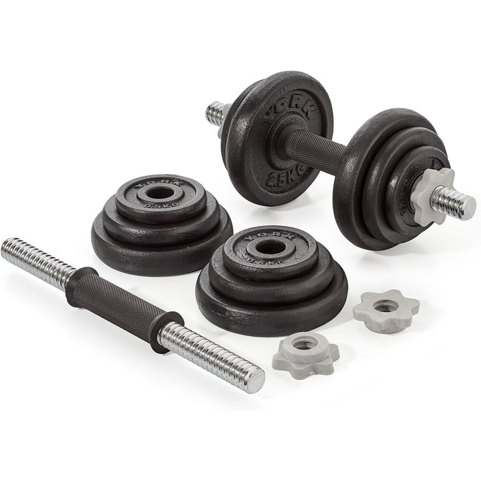 Гантелі York Fitness 20 кг зі змінними дисками, чавунні, набір 2 шт, чорні, регульовані спінлоки