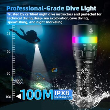 Sofirn SD08 водонепроникний ліхтар-фара, 3200 лм, IPX8, для підводного плавання, 100 метрів, з сигнальним кільцем