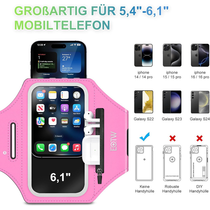 Спортивний браслет EOTW для бігу: тримач для телефону з кишенею для AirPods (5.5-6.0 дюйми)