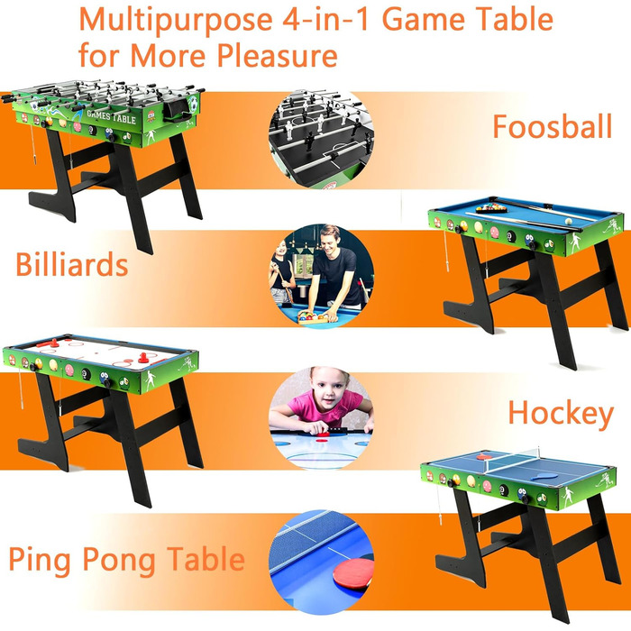 Складаний ігровий стіл 4 в 1: більярд, кікер, хокей на повітрі, тенісний стіл