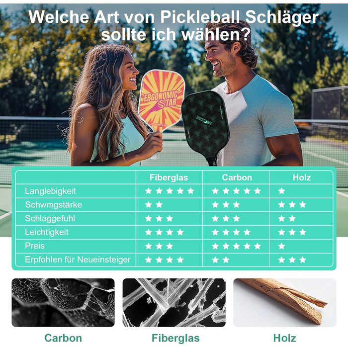 Набір для піклболу Ergonomicstar: фібергласові ракетки, 4 м'ячі, сумка, захист, легкі ракетки для початківців, для гри в приміщенні та на вулиці, чорний