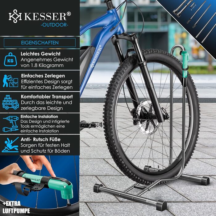 Підставка для велосипеда KESSER® для гірського, електро-, та міського велосипеда | Рейс-сталева підставка | Ширина покришки до 65 мм | З повітряним насосом (Антрацит, 1 шт.)