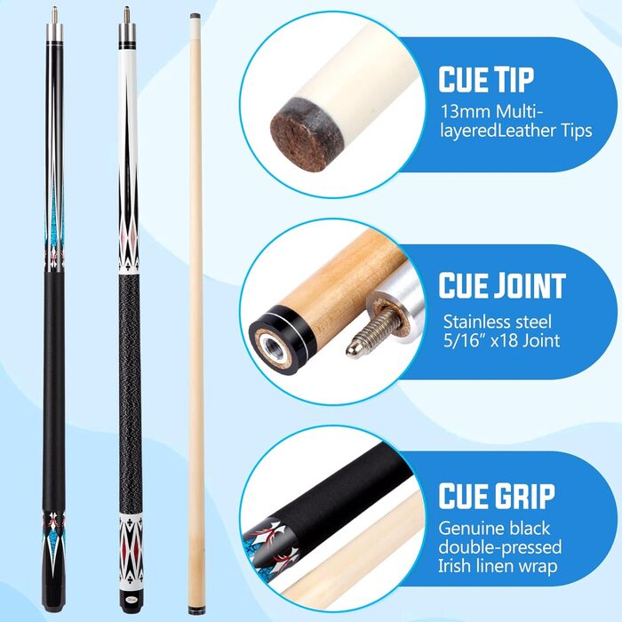 Більярдний кий Sinsilvie 58 дюймів (19/20 oz) з наконечником 13 мм, чорний/білий, для чоловіків та жінок