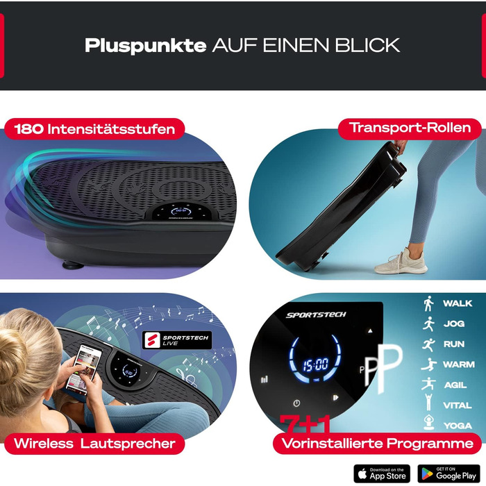 Платформа для вібраційного тренування Sportstech VP250/VP275 - для дому, тихий мотор, 180 рівнів інтенсивності, чорний колір