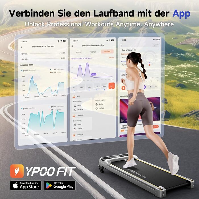 Walking Pad YPOO з регулюванням нахилу, 1-6 км/год: компактне бігове полотно для дому та офісу, до 140 кг, тихе, з LED-дисплеєм, пультом та APP, срібне
