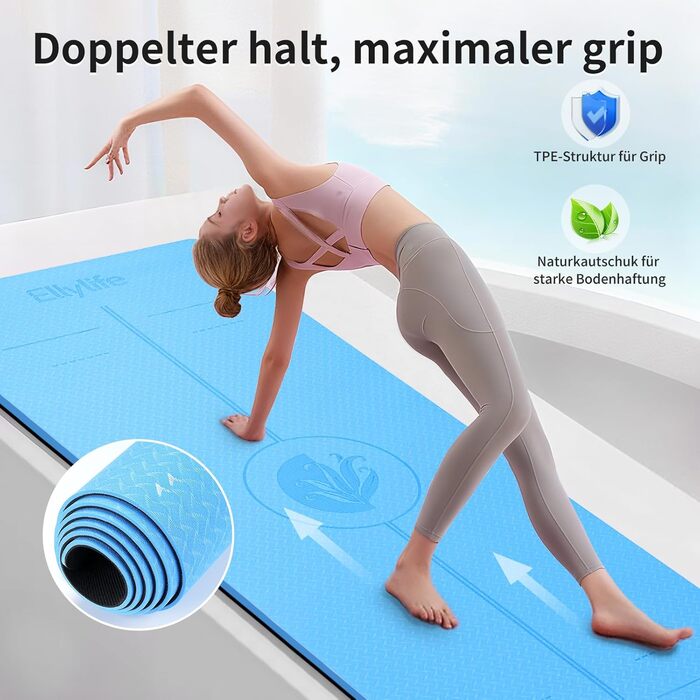 Килимок для йоги з натурального каучуку та TPE, протиковзкий, з розміткою, унікальний дизайн, з ремінєм, екологічний, для подорожей, пілатесу, йоги, фітнесу, синій, 6 мм