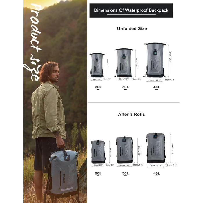 Водонепроникний рюкзак IDRYBAG Dry Bag 20L/30L/40L: для подорожей, каякінгу, сірого кольору