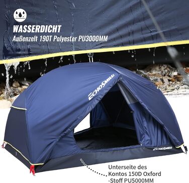 Намет EchoSmile для кемпінгу на 2-3 особи, водонепроникний PU3000 мм, туристичний намет-купол, 3-4 сезонний, для кемпінгу, походів та альпінізму, легко монтується, блакитний (2 особи)