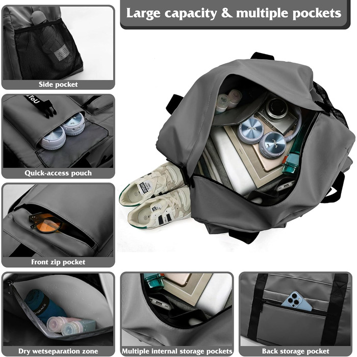 Спортивна сумка для фітнесу та подорожей з відділенням для взуття та вологих речей, водонепроникна сумка-вікендер для залу, плавання та сауни (Сіра)