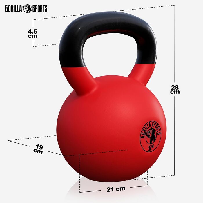 Кетлебел GORILLA SPORTS 32 кг з вініловим покриттям, гантеля-куля з чавуну для фітнесу та силових тренувань