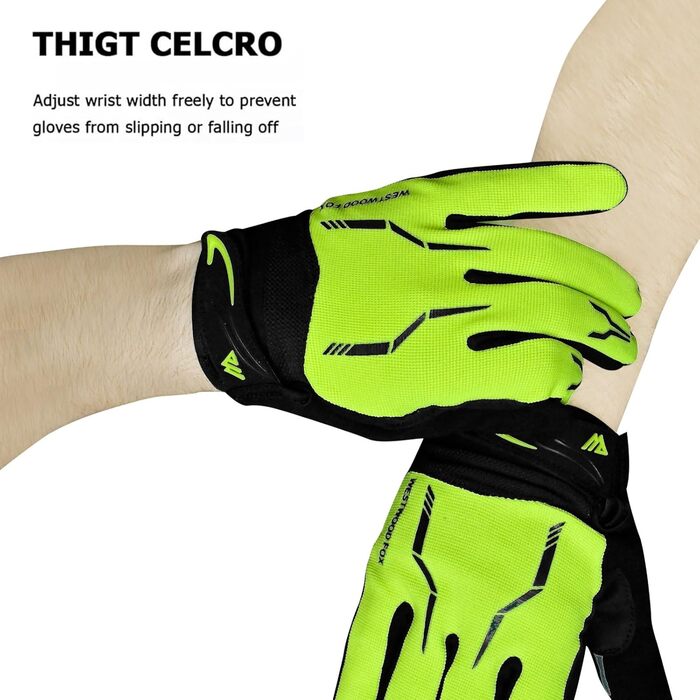 Велосипедні рукавички WESTWOOD FOX WFX для гірського велосипеда (MTB) з повним пальцем, сенсорний екран, антиковзаючі, з підкладкою, для жінок та чоловіків (XL, неоновий зелений)