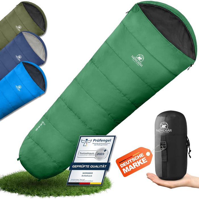 Спальний мішок NORDBÄR® 3 сезони та літо, ультралегкий [750г/1500г] | Кемпінговий мумієподібний спальник | Компактний [100GSM/300GMS] | Outdoor, туристичний, гірський спальник | Літній спальник, зелений, 750г
