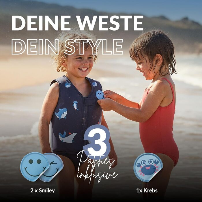 Навчальний плавець для дітей NOARD Kinder Schwiweste: 40+ нашивок для персоналізації, різні дизайни та розміри, 15–30 кг, 2–6 років, сертифікат EN 13138-1:2021, Siply green (L, Ocean Friends)