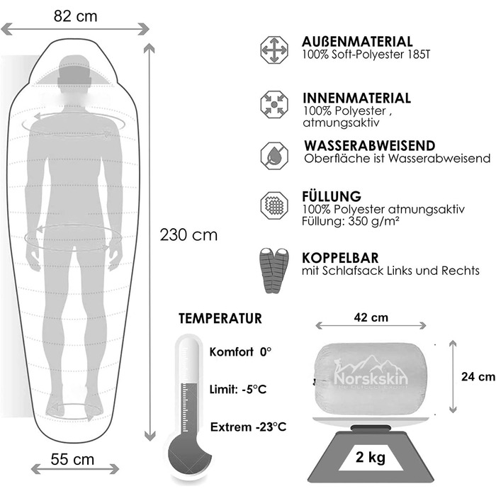Сплячий мішок Norskskin 4 сезони, 0°C - -23°C, 230 x 82 см, водонепроникний, з кишенею для подушки