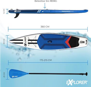Надувна SUP-дошка EXPLORER TOURER 12.6 для плавання стоячи, комплект до 180 кг: алюмінієве весло, рюкзак, насос, плавник, ремкомплект