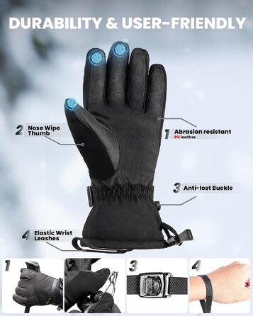 Чоловічі гірськолижні рукавички Outdooraster з ізоляцією Thinsulate, теплі зимові рукавички для спорту та відпочинку (Чорні, S)