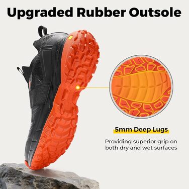 Черевики для хайкінгу FitVille для чоловіків, широкі, трекінгові, slip-on, outdoor, дихаючі, для ходьби, з антиковзкою підошвою, вільні кросівки (45 EU X-широкі, чорно-помаранчеві)