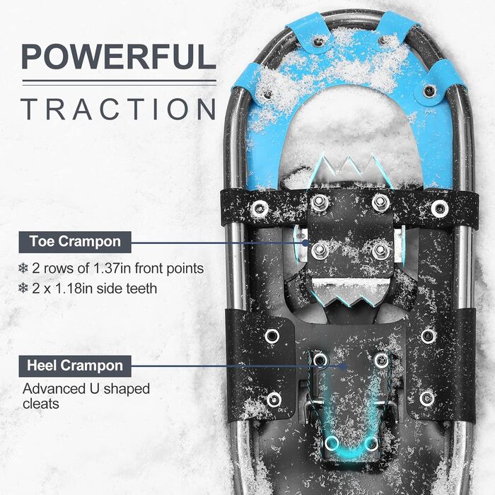 Снігоступи Odoland Allround 4 в 1 для жінок та чоловіків з трекінговими палками, водонепроникними гетрами та сумкою, розмір 21/25/30 дюймів (синій + чорний)